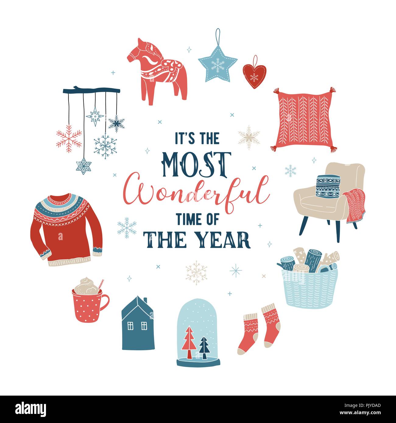 Lo stile scandinavo, semplice ed elegante Merry Christmas greeting card con mano gli elementi disegnati, citazioni, scritte Illustrazione Vettoriale