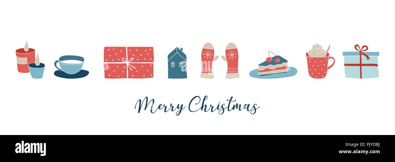 Lo stile scandinavo, semplice ed elegante Merry Christmas greeting card con mano gli elementi disegnati, citazioni, scritte Illustrazione Vettoriale