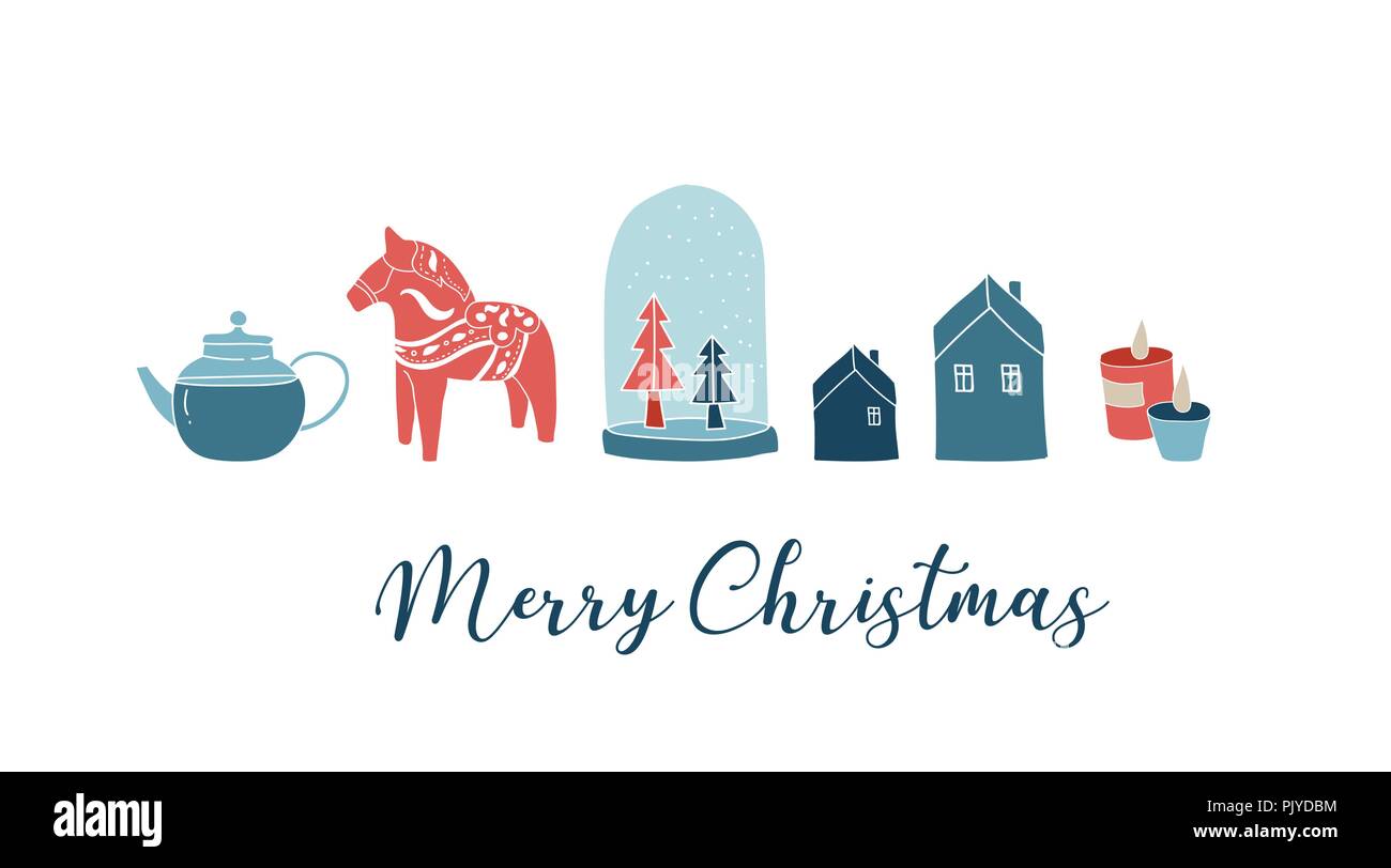 Lo stile scandinavo, semplice ed elegante Merry Christmas greeting card con mano gli elementi disegnati, citazioni, scritte Illustrazione Vettoriale