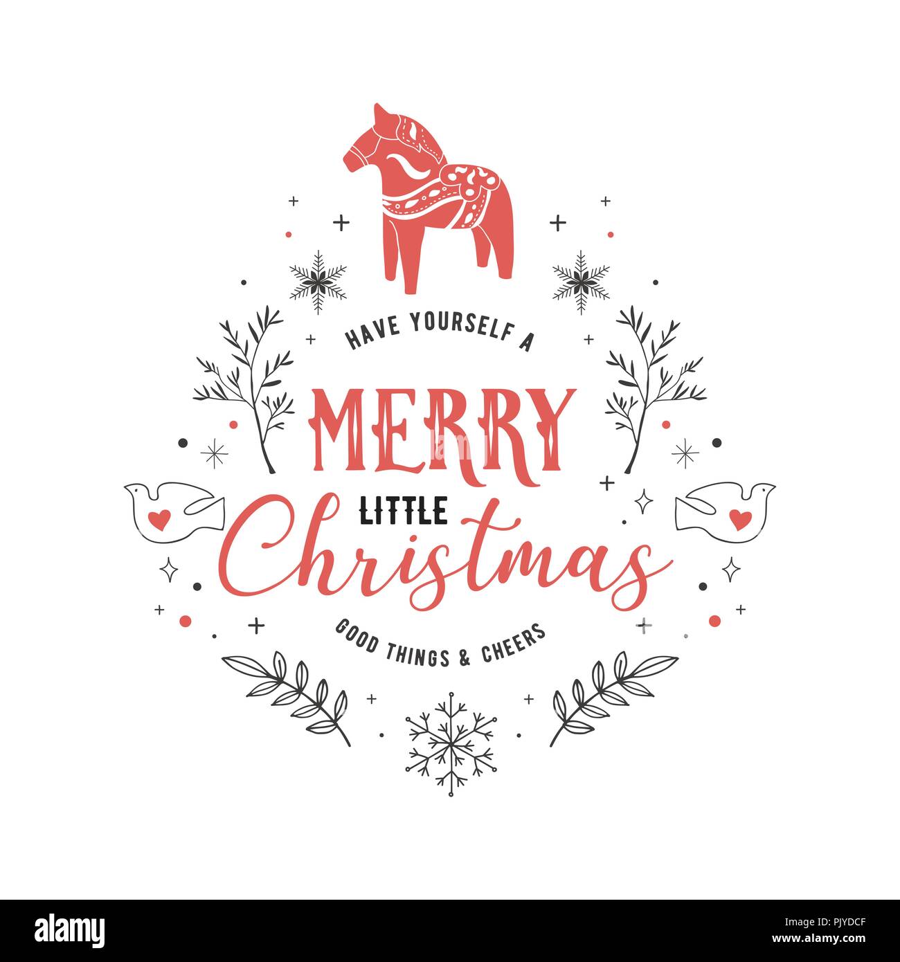 Lo stile scandinavo, semplice ed elegante Merry Christmas greeting card con mano gli elementi disegnati, citazioni, scritte Illustrazione Vettoriale