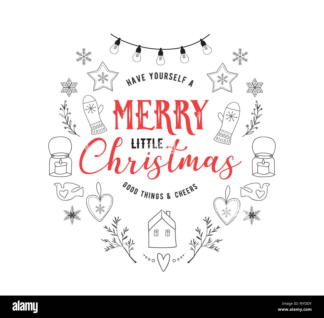 Lo stile scandinavo, semplice ed elegante Merry Christmas greeting card con mano gli elementi disegnati, citazioni, scritte Illustrazione Vettoriale
