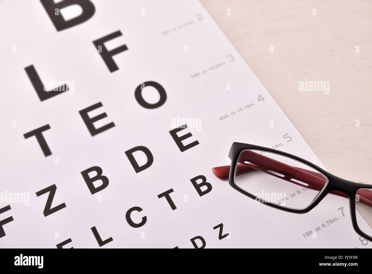 Concetto di revisione degli occhi con foglio con lettere e occhiali da vista. Vista dall'alto. Composizione orizzontale Foto Stock