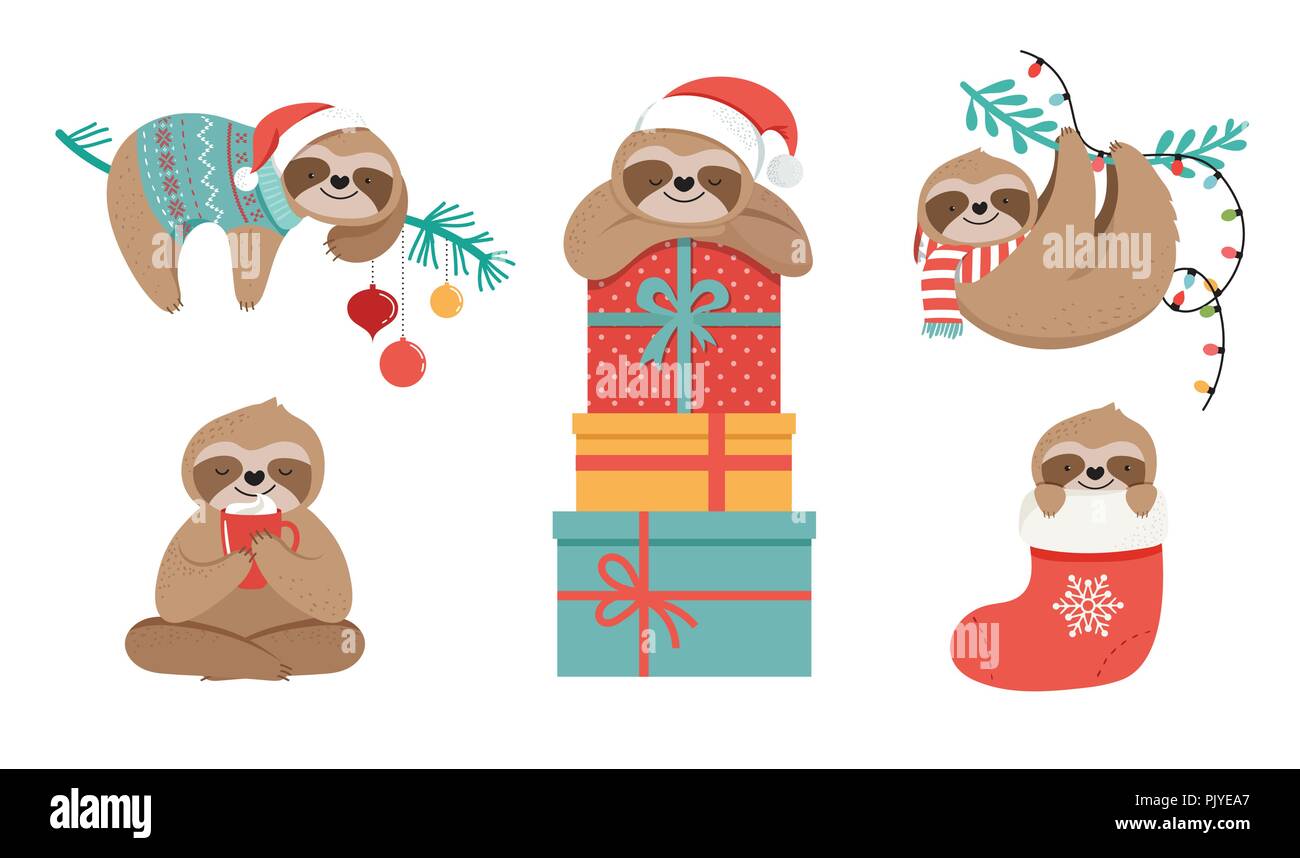 Biglietti Di Natale Umoristici.Carino Bradipi Divertenti Illustrazioni Di Natale Con Babbo Natale Costumi Cappello E Sciarpe Biglietti Di Auguri Insieme Banner Immagine E Vettoriale Alamy