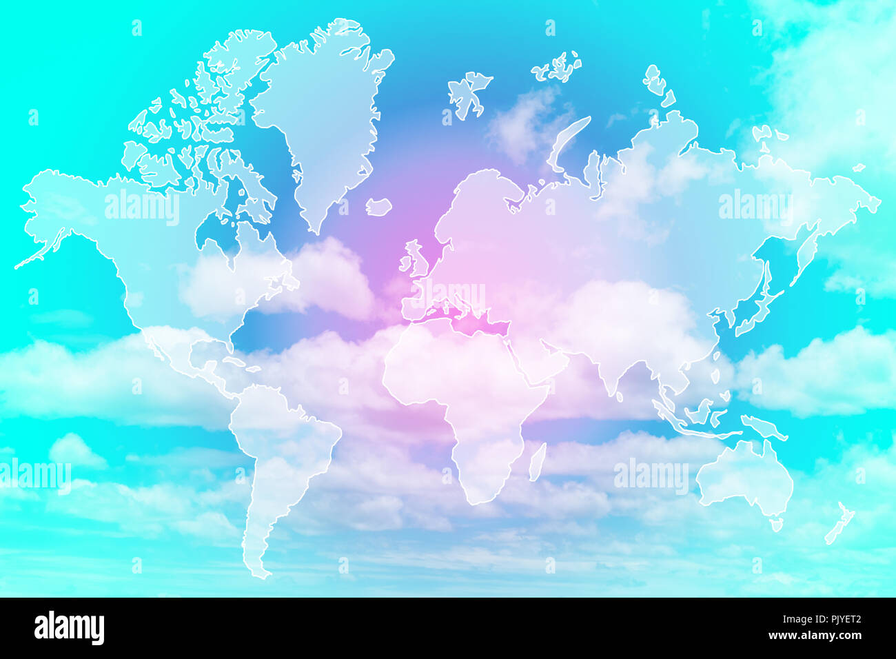 Doppia esposizione della mappa del mondo sopra il dolce color pastello cloud e il cielo con luce solare, soft nuvoloso con gradiente di colore pastello, Sfondo elemento da NA Foto Stock