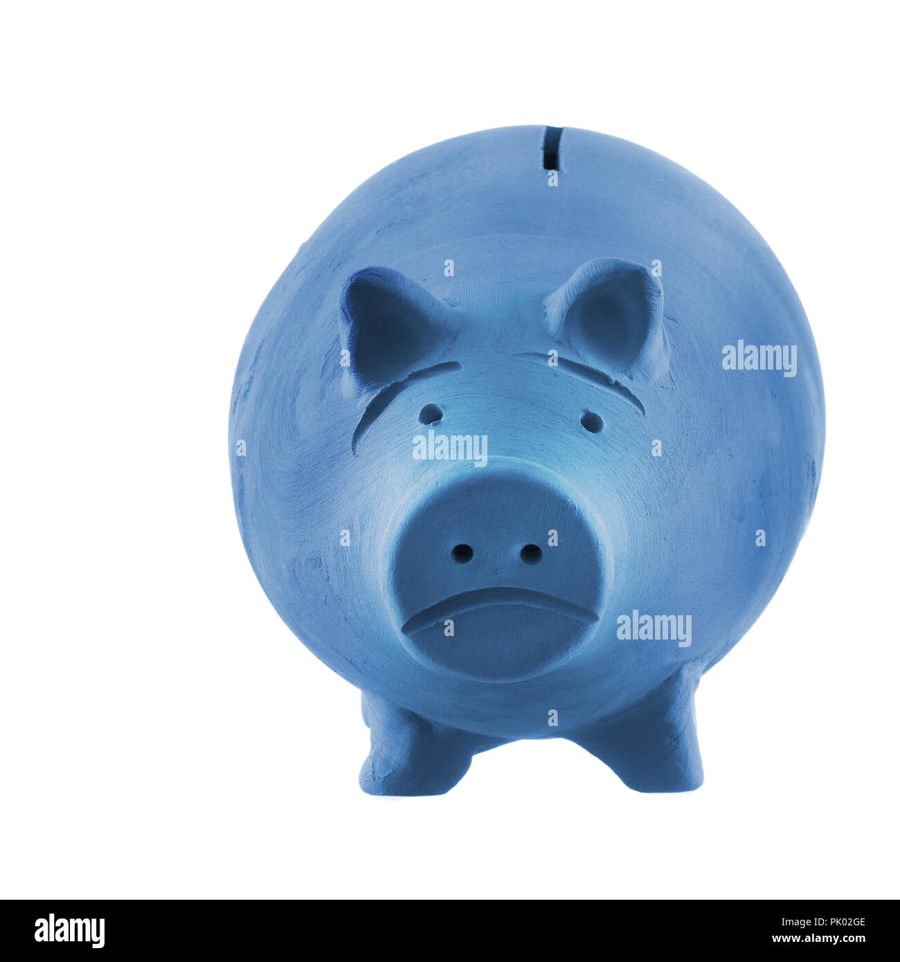 Premuto, blue box denaro aka salvadanaio, isolato su bianco. Il concetto di povertà. Foto Stock