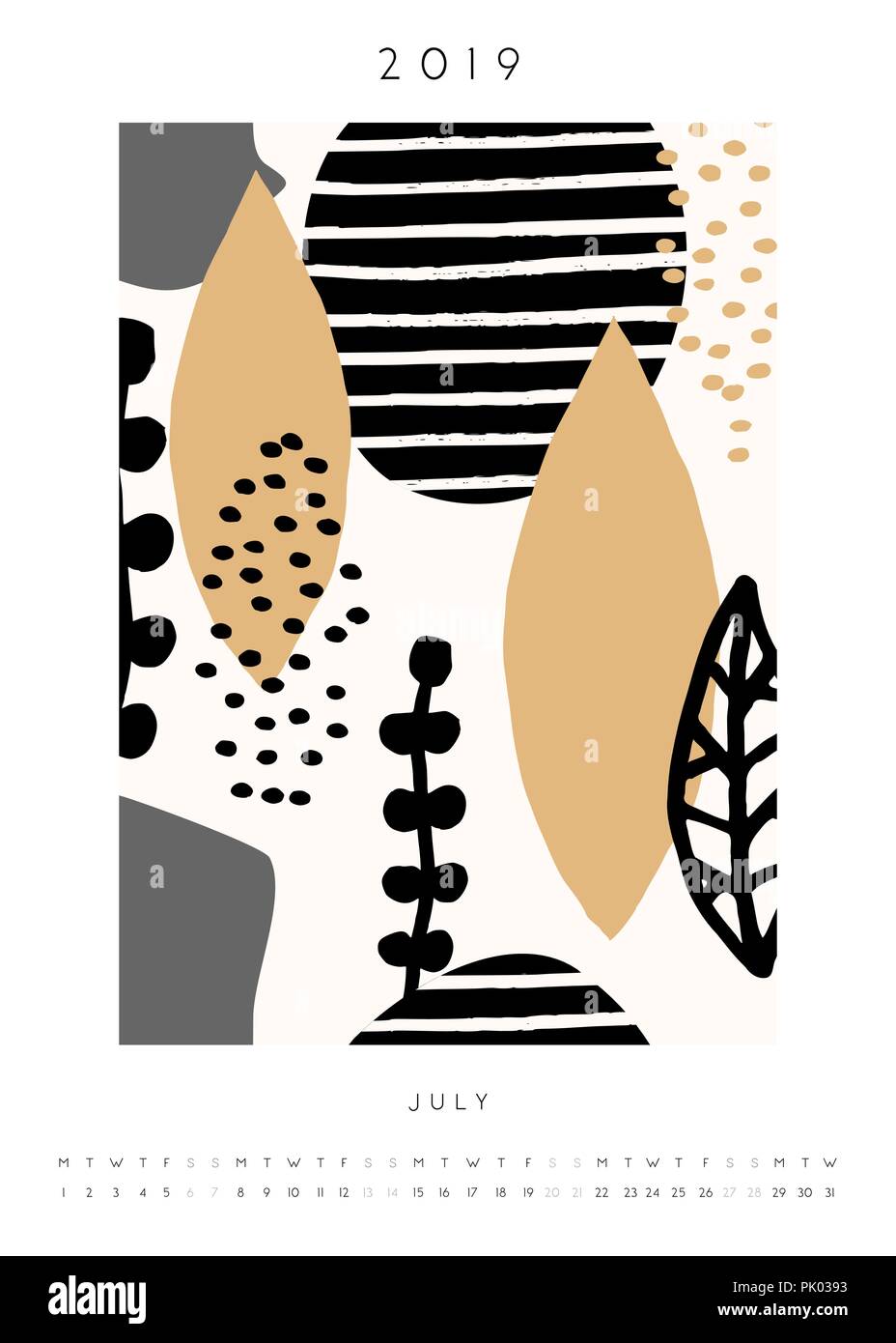 Versione stampabile formato A4 luglio 2019 calendario modello. Collage stile design con abstract e forme organiche in rosa pastello, giallo senape, grigio, nero e c Illustrazione Vettoriale