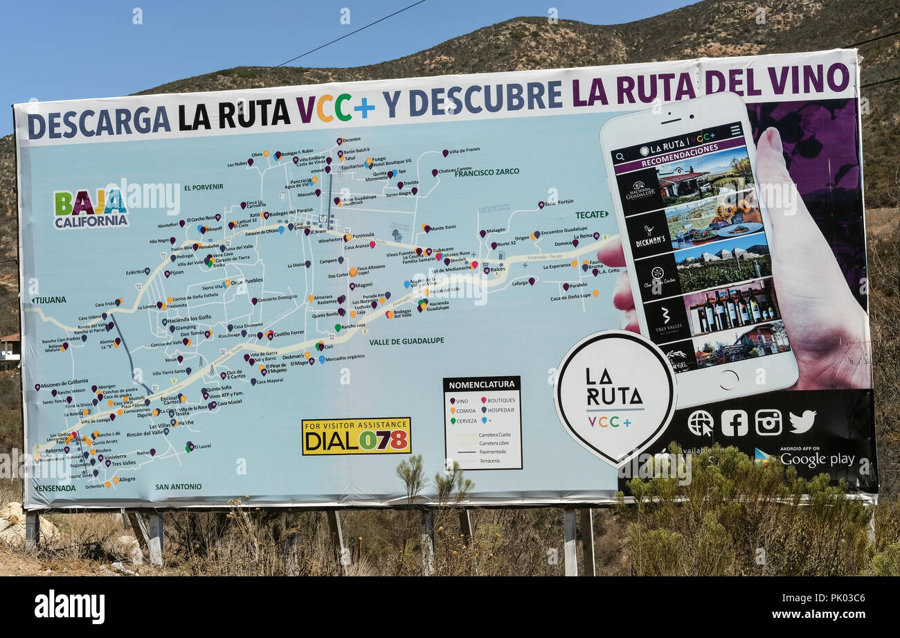 Ruta del Vino App Mappa nella Valle de Guadalupe, in Messico Foto Stock