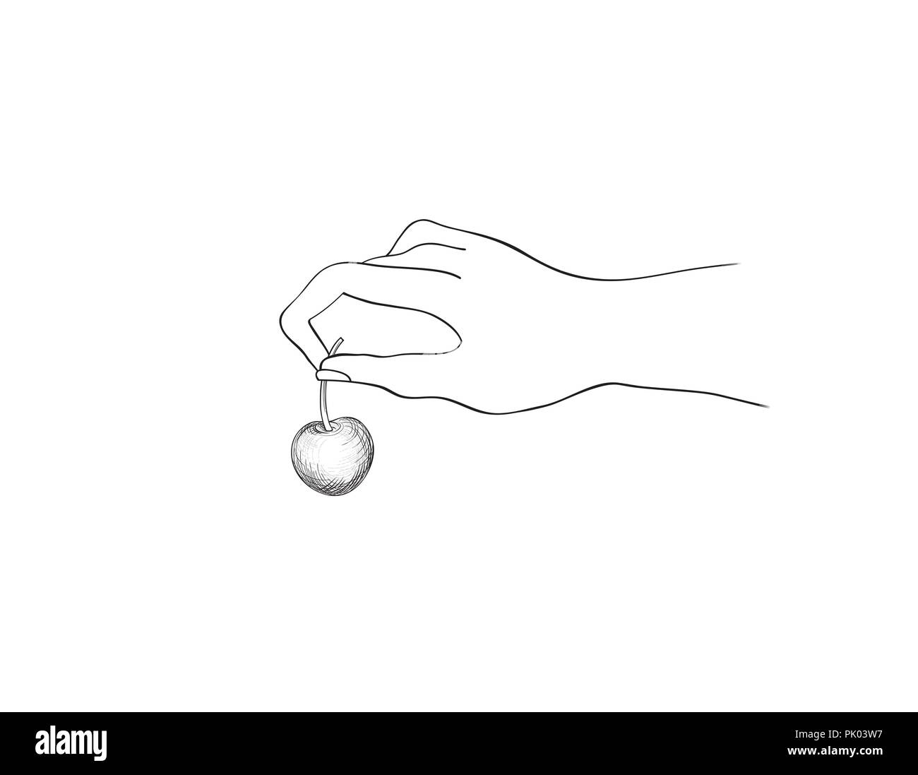 La ciliegia sulla parte superiore. Mano azienda berry su sfondo bianco. La cottura dessert segno. Icona di bonus Illustrazione Vettoriale