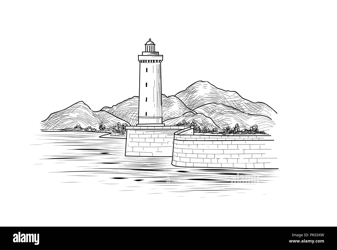 Faro vista mare. Disegnata a mano seascape con il faro a luce rotante. Schizzo del Paesaggio con torre faro, il mare e le montagne Illustrazione Vettoriale