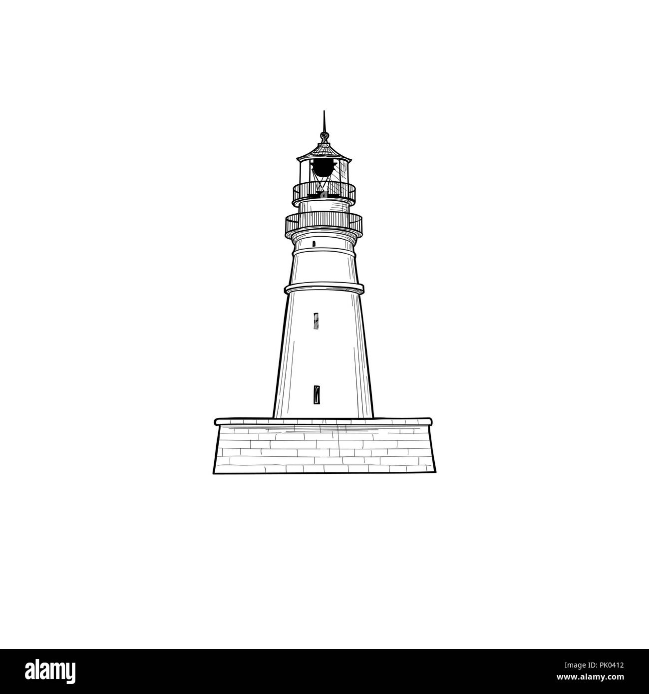 Faro icona. Mano bozzetto simbolo della torre faro. La linea arte segno nutical Illustrazione Vettoriale