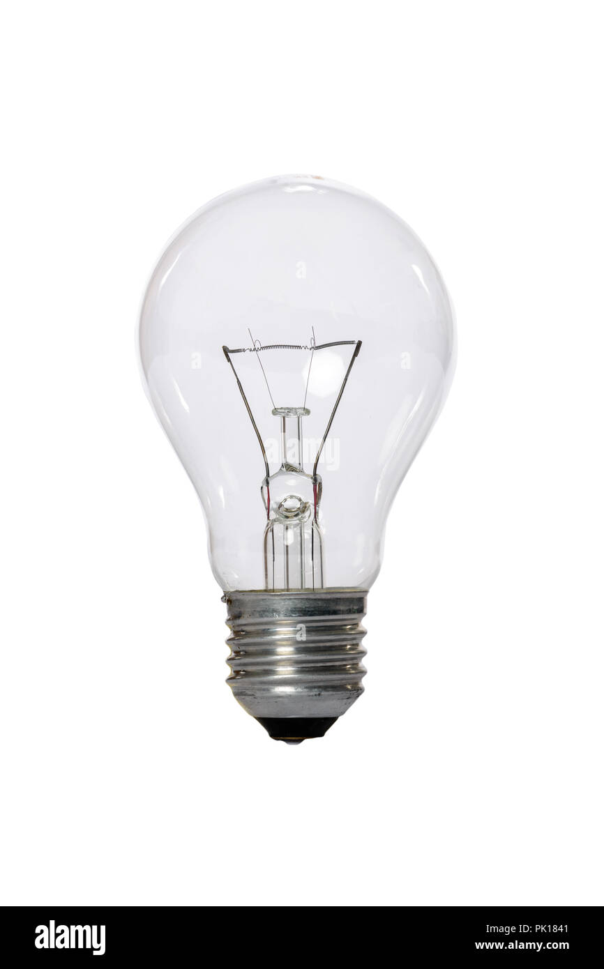 Lampada a incandescenza con vetro trasparente e lampadina E27 Europa connessione. Vecchio standard di consumo obsoleti e vietata dalle norme vigenti. Foto Stock