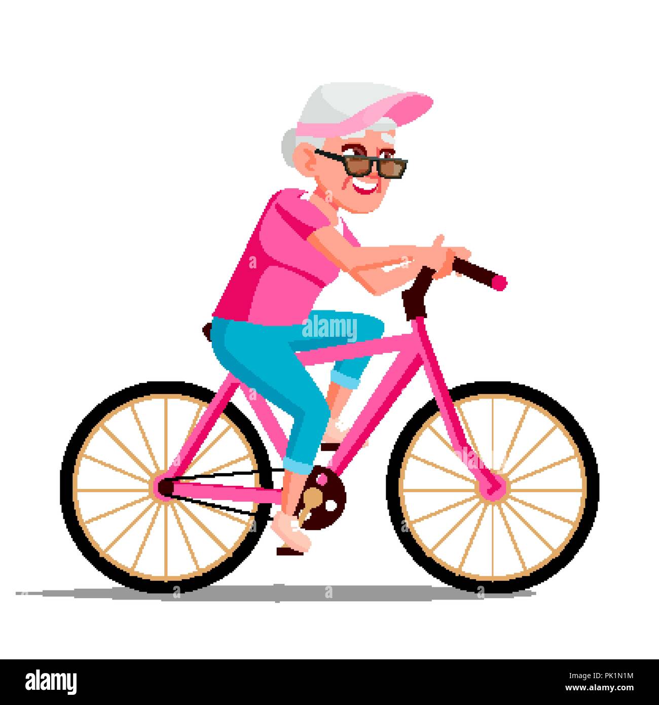 Vecchia donna equitazione Bicicletta sul vettore. Uno stile di vita sano. Bike. Outdoor Sport Attività. Illustrazione isolato Illustrazione Vettoriale