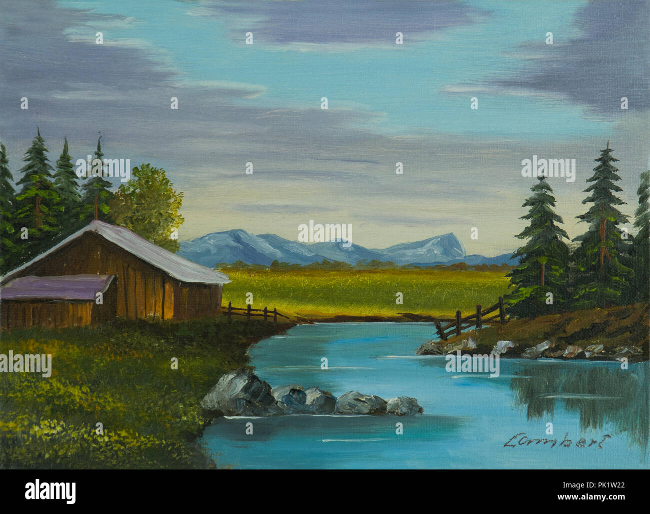 Olmalerei - Fiume accanto a una capanna di legno con un prato e montagne sullo sfondo Foto Stock