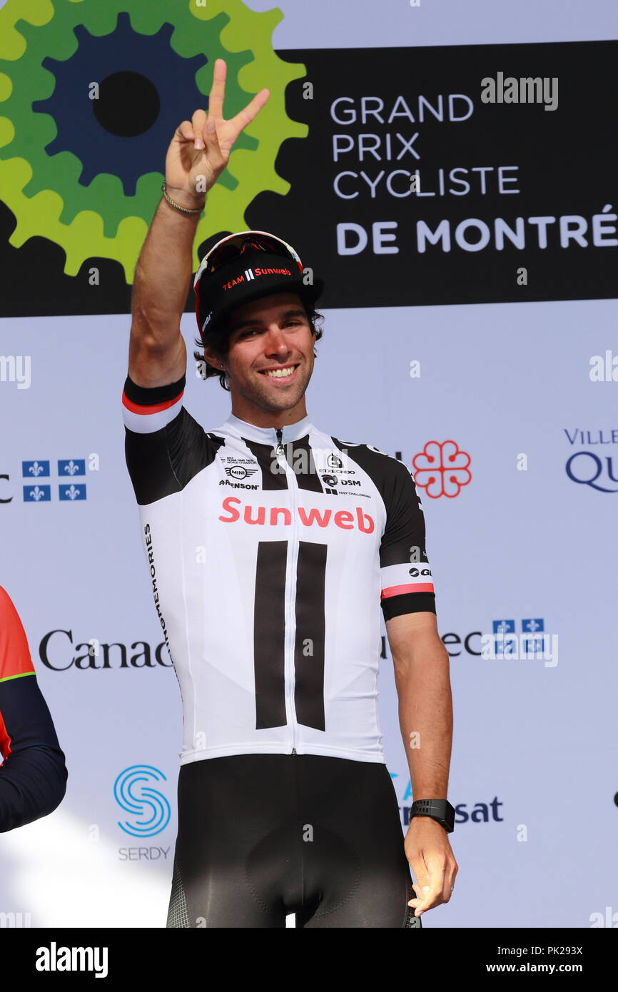 Montreal, Canada, 9/9/2018. Michael Matthews prende il primo posto al Grand Prix Cycliste gara di Montreal. Foto Stock