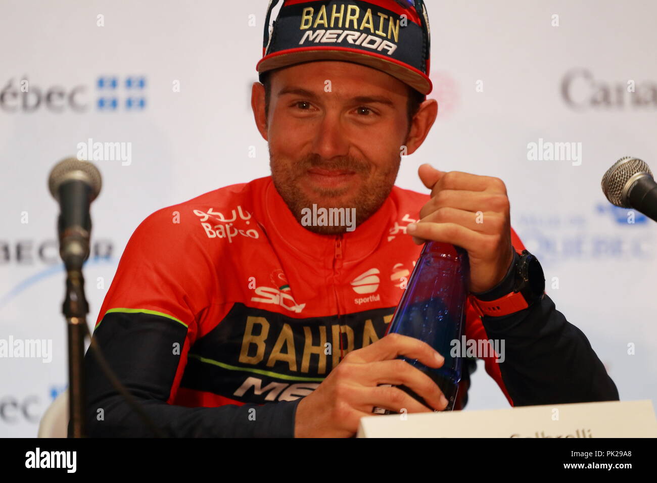 Montreal, Canada, 9/9/2018. Sonny Colbrelli dell Italia per la TBM Bahrain al post gara conferenza presso il Grand Prix Cycliste gara di Montreal. Foto Stock