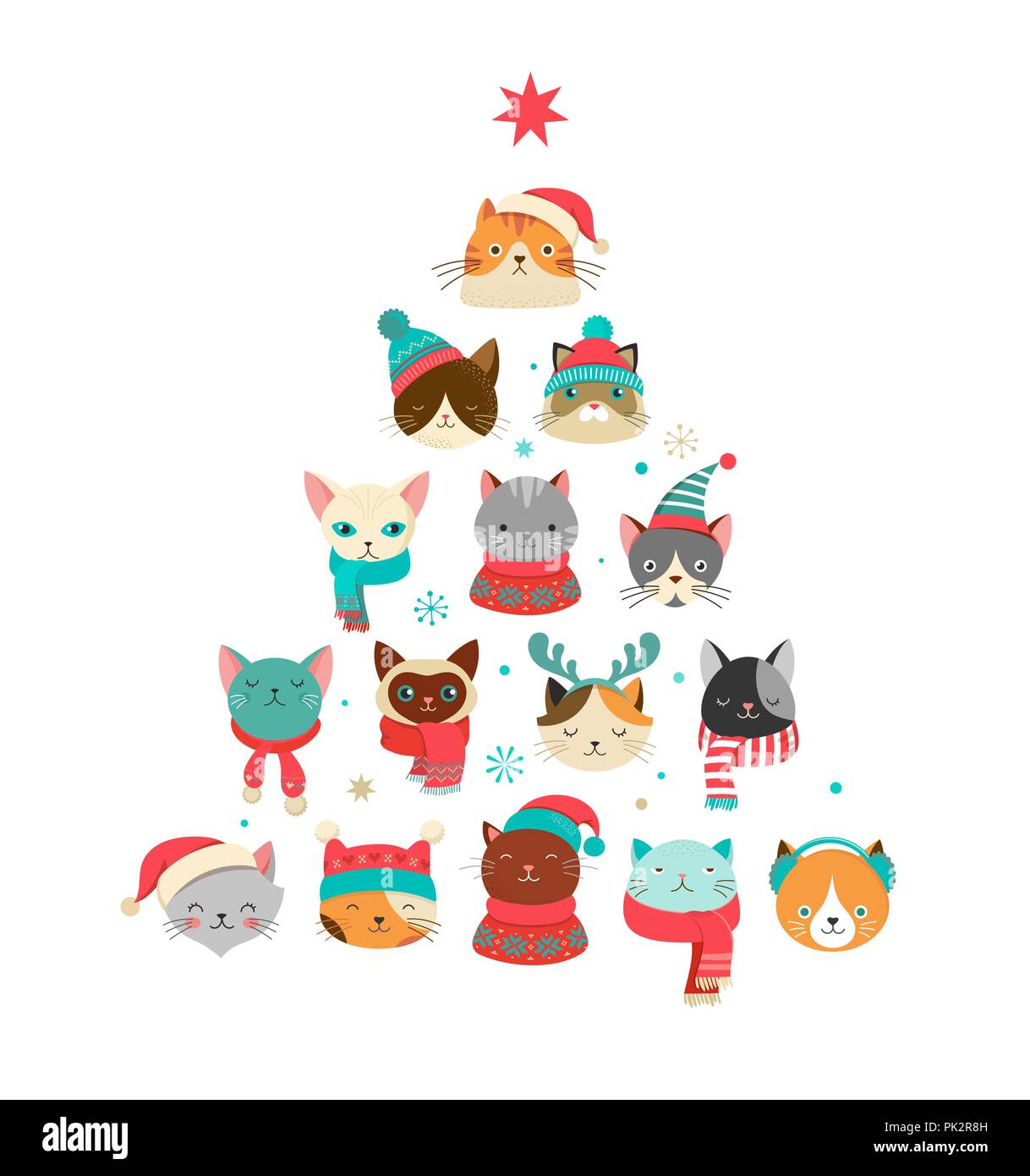 Merry Christmas greeting card con grazioso albero di Natale con teste di gatti Illustrazione Vettoriale