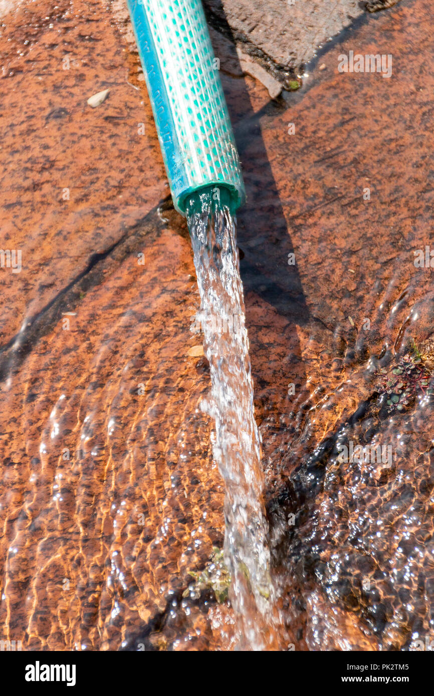 Una vista ravvicinata di acqua pulita in esecuzione al di fuori di un verde tubo flessibile su una passerella di mattoni su una soleggiata giornata d'estate Foto Stock