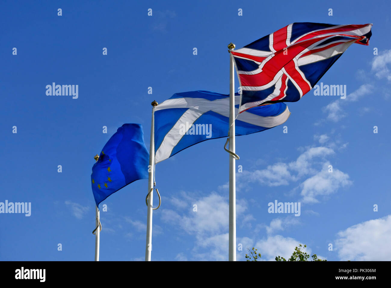 Union Jack, scozzese si intraversa e l'Unione europea bandiere Foto Stock