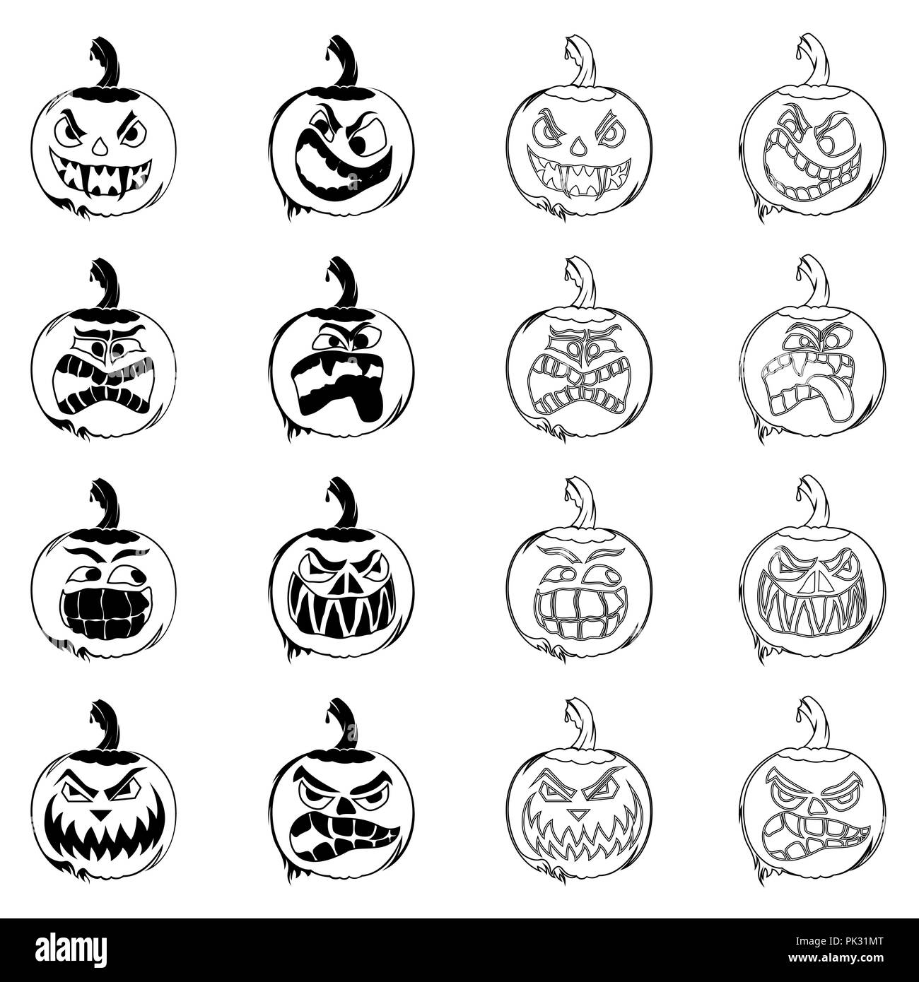 Silhouette stilizzata set di sedici varietà di zucche di Halloween isolato su uno sfondo bianco, vettore di nero per la progettazione di cartoline e poster Illustrazione Vettoriale