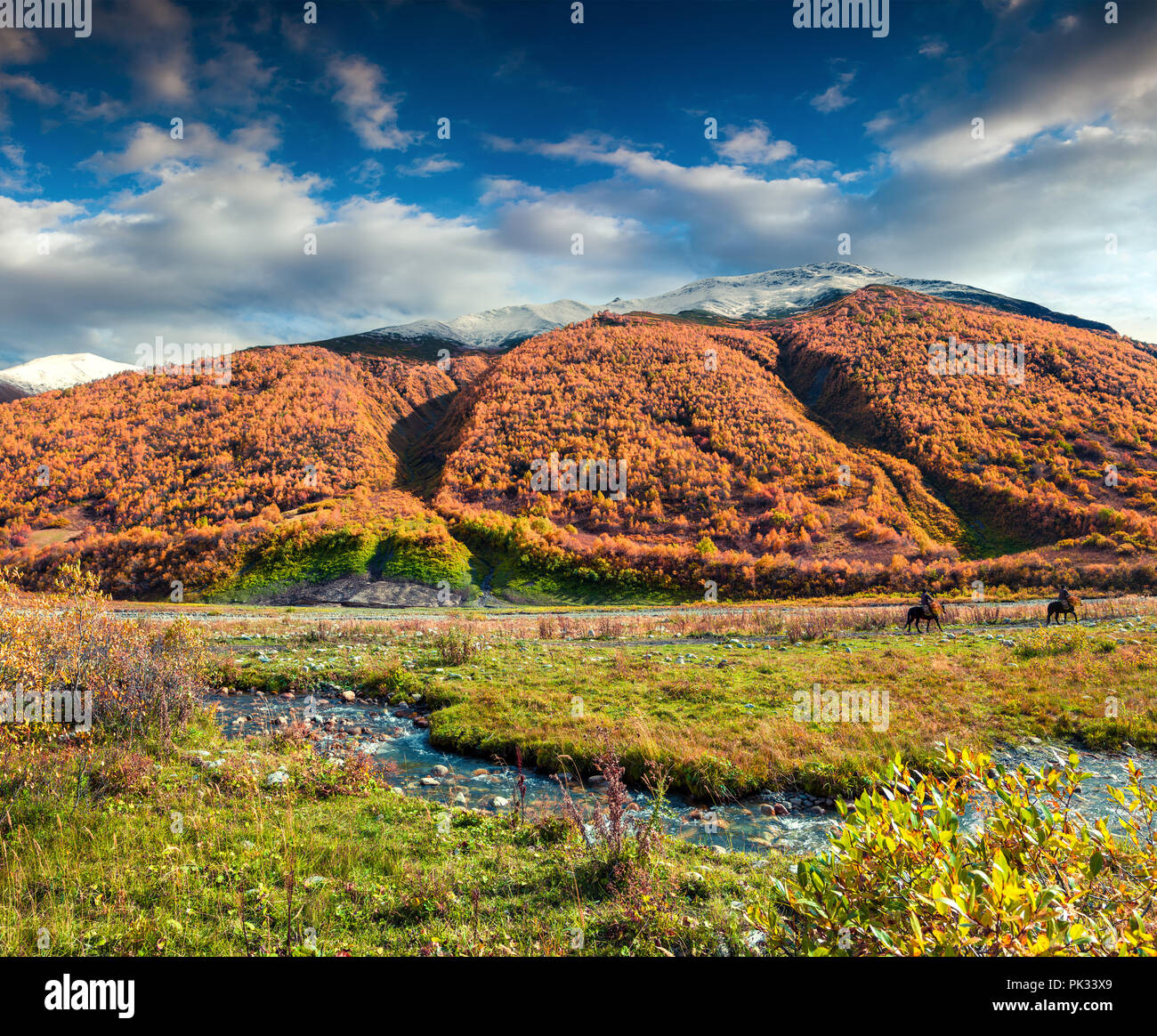 Colori d'autunno mattina nelle montagne del Caucaso con una pura mountain creek. Posizione Ushguli, Svaneti superiore, la Georgia, l'Europa. Ottobre 2015. Foto Stock