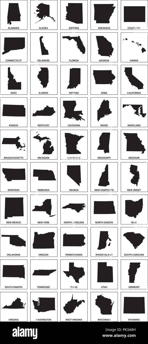 Silhouette nera mappe di 50 stati degli Stati Uniti. Illustrazione Vettoriale