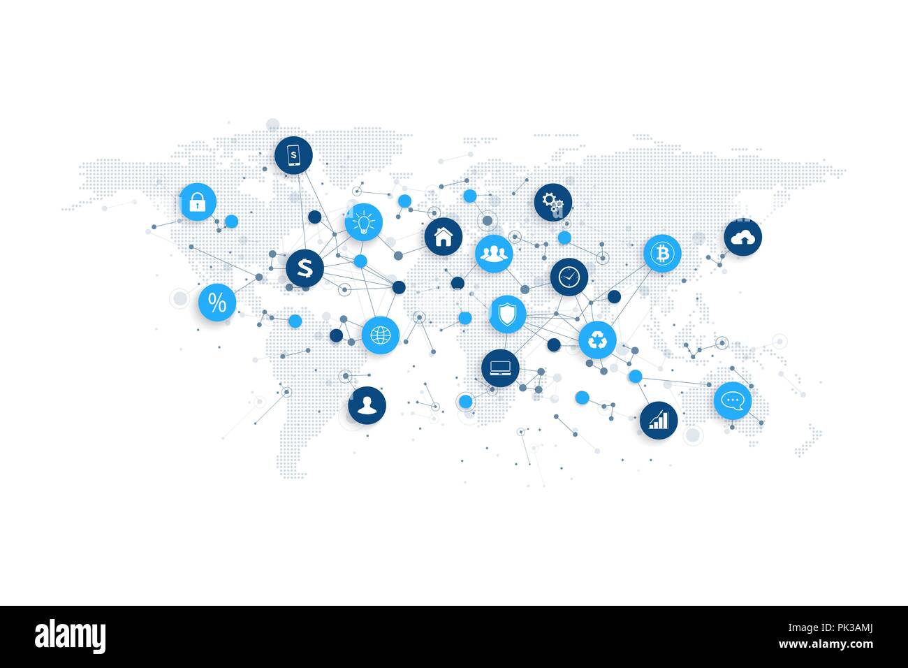 Social media network e concetto di commercializzazione con tratteggiata la mappa mondiale. Internet e la tecnologia aziendale. Reti analitiche. Illustrazione Vettoriale Illustrazione Vettoriale