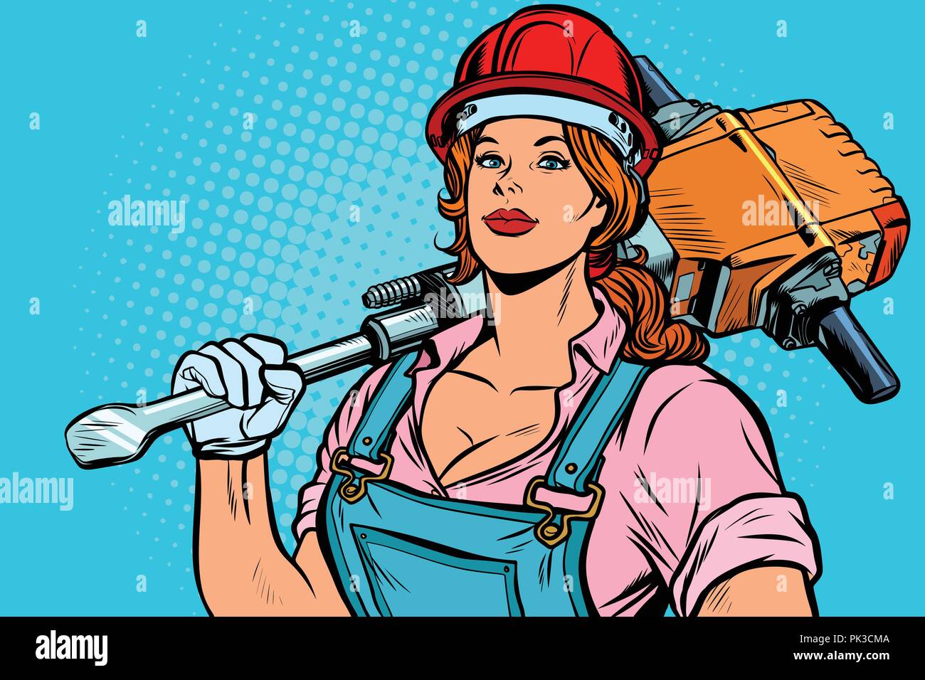 La pop art donne road lavoratore Builder con jackhammer Illustrazione Vettoriale