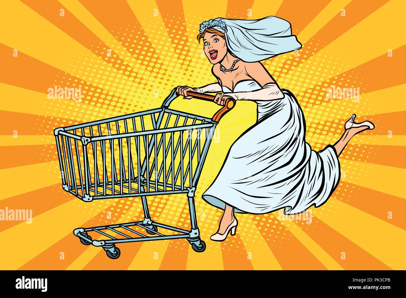 La pop art sposa corre per lo shopping di nozze Illustrazione Vettoriale