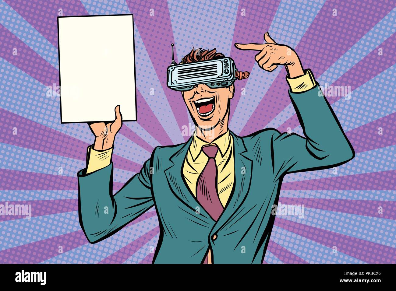 La pop art di realtà virtuale occhiali VR imprenditore punti a copiare sp Illustrazione Vettoriale