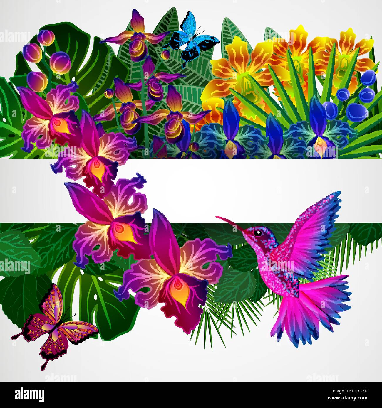Floral background di design. Orchidee tropicali fiori, uccelli e farfalle. Illustrazione Vettoriale