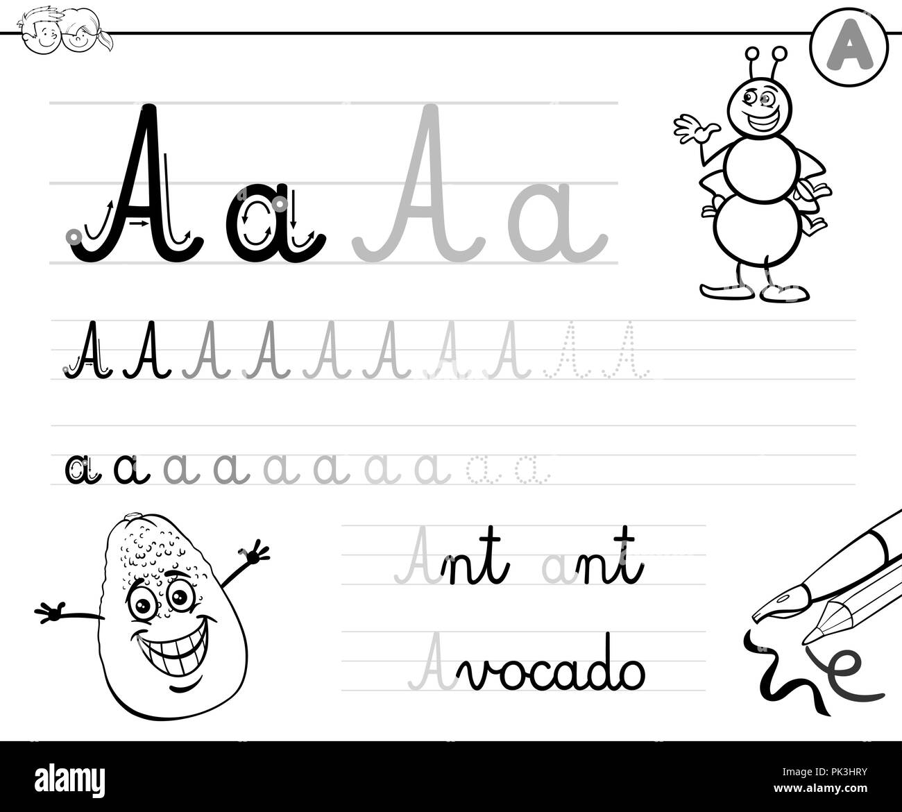 Bianco e Nero Cartoon illustrazione di abilità di scrittura pratica con la lettera A per la scuola materna ed elementare i bambini di età i libri a colori Illustrazione Vettoriale