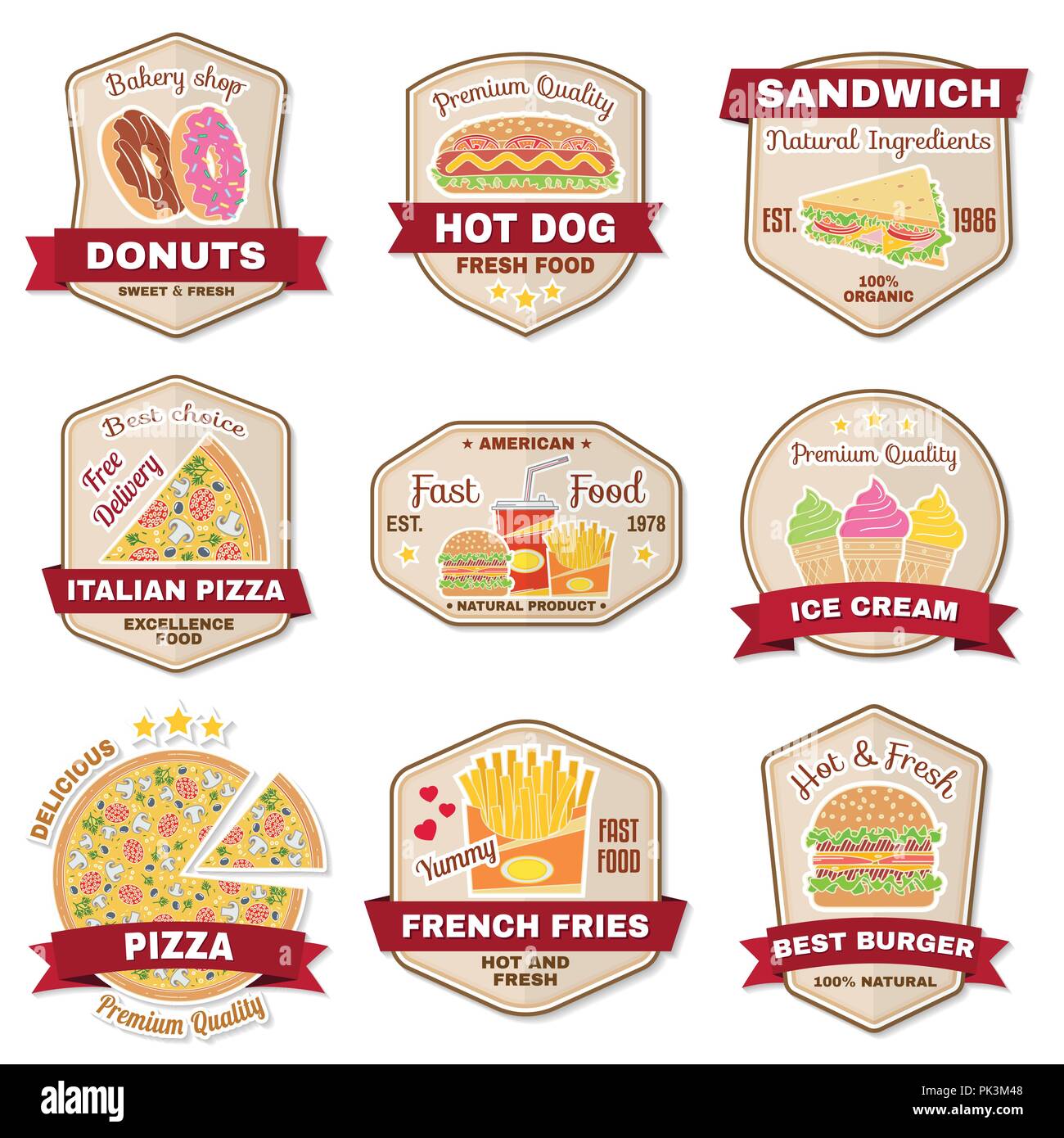Vintage fast food badge, un banner o un logo emblema. Gli elementi sul tema del fast food business. Hamburger, Pizza, ciambelle, hot dog, gelati,cola, fr Illustrazione Vettoriale