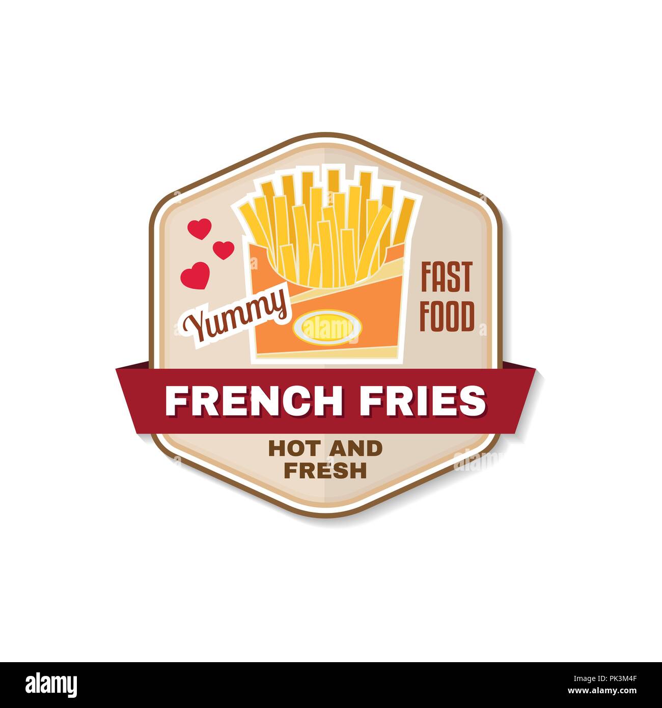 Vintage fast food badge, un banner o un logo emblema. Gli elementi sul tema del fast food business. Patate fritte design, adesivo o emblema. Per fast food Illustrazione Vettoriale