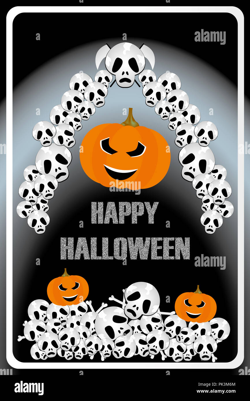 Scary illustrazione di bad zucche con teschi e le ossa e chalk lettere per happy Halloween Foto Stock