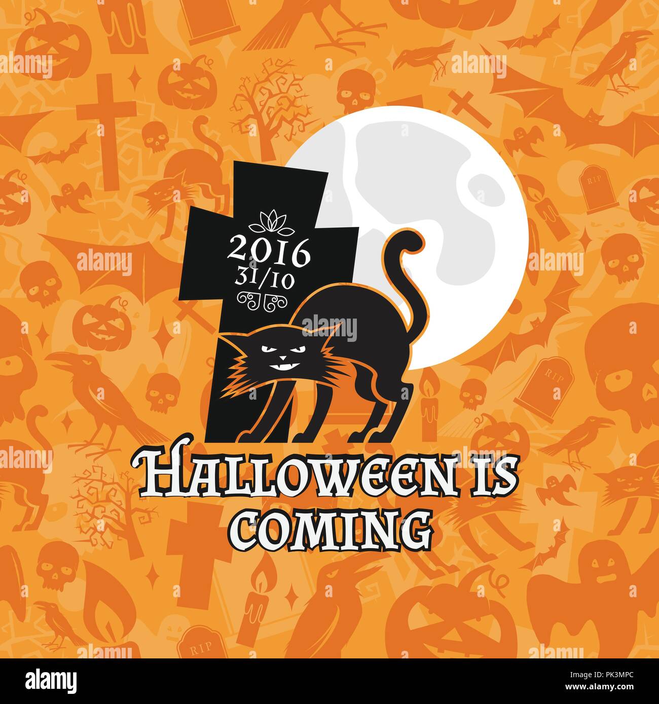 Halloween badge vintage, emblema o etichetta. Illustrazione Vettoriale. Halloween è venuta. Per la stampa su t shirt, tee, biglietto invito, modello. Illustrazione Vettoriale