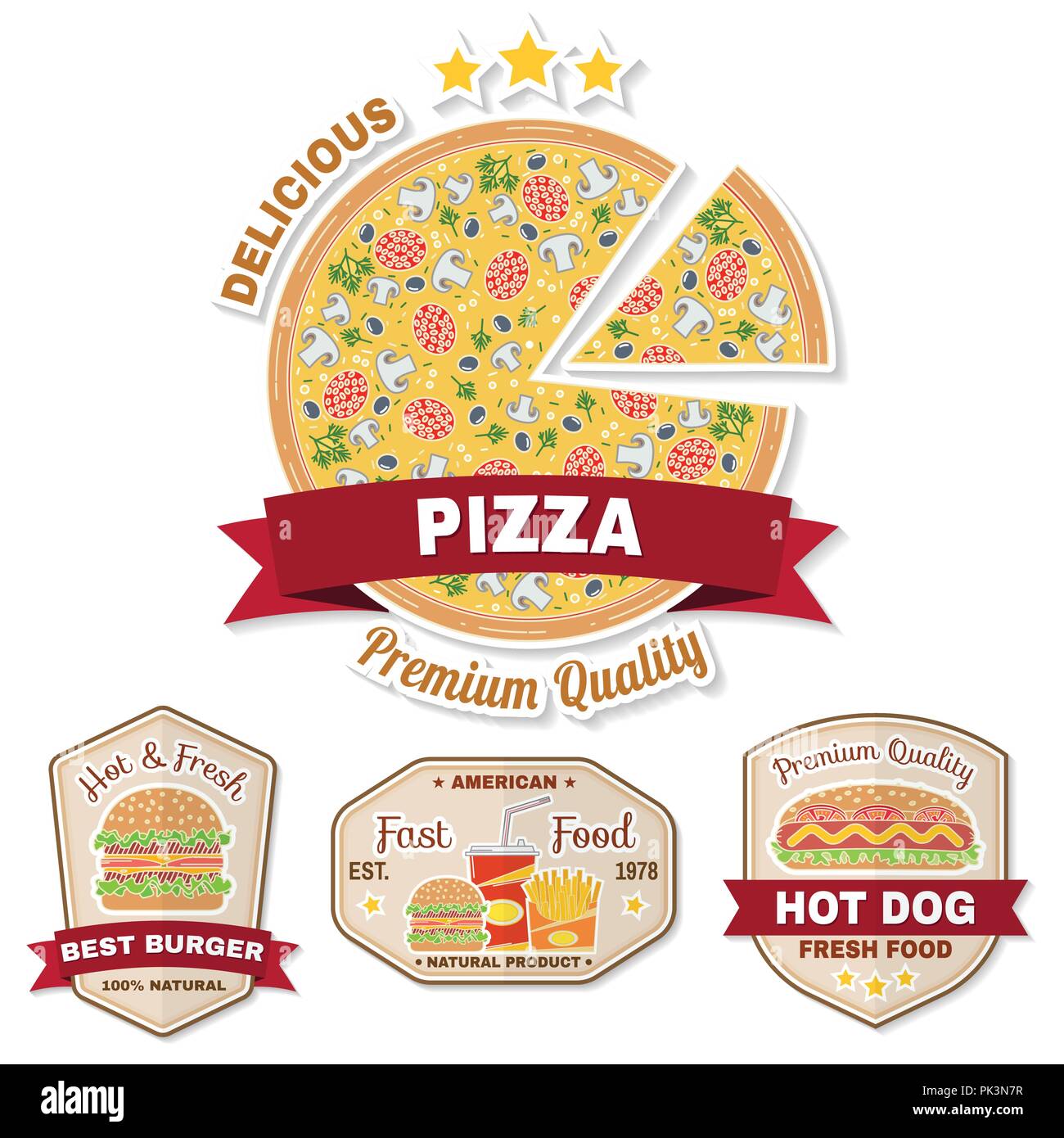 Vintage fast food badge, un banner o un logo emblema. Gli elementi sul tema del fast food business. Hamburger, pizza, hot dog, cola, patatine fritte, design Illustrazione Vettoriale