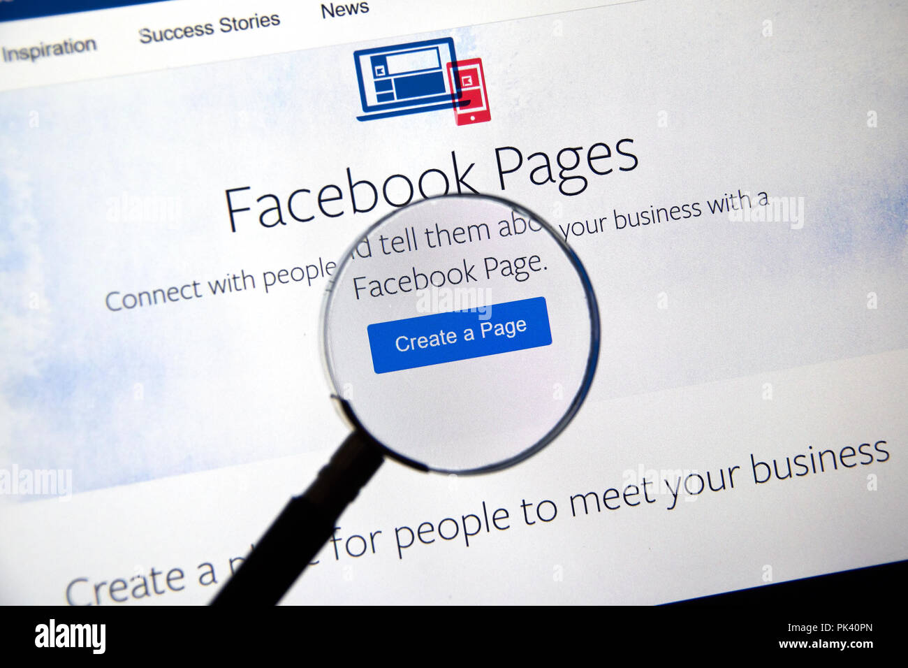 MONTREAL, Canada - 8 Settembre 2018: pagine Facebook pagina online. Una pagina di Facebook è un profilo pubblico creato appositamente per le aziende e marchi, cel Foto Stock
