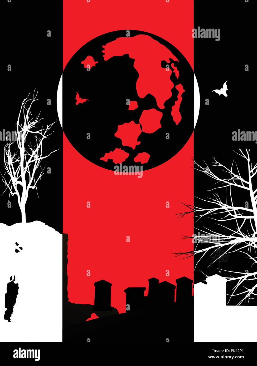 Halloween sfondo nero con pannello rosso e silhouette di cimitero creepy alberi luna e pipistrelli Illustrazione Vettoriale
