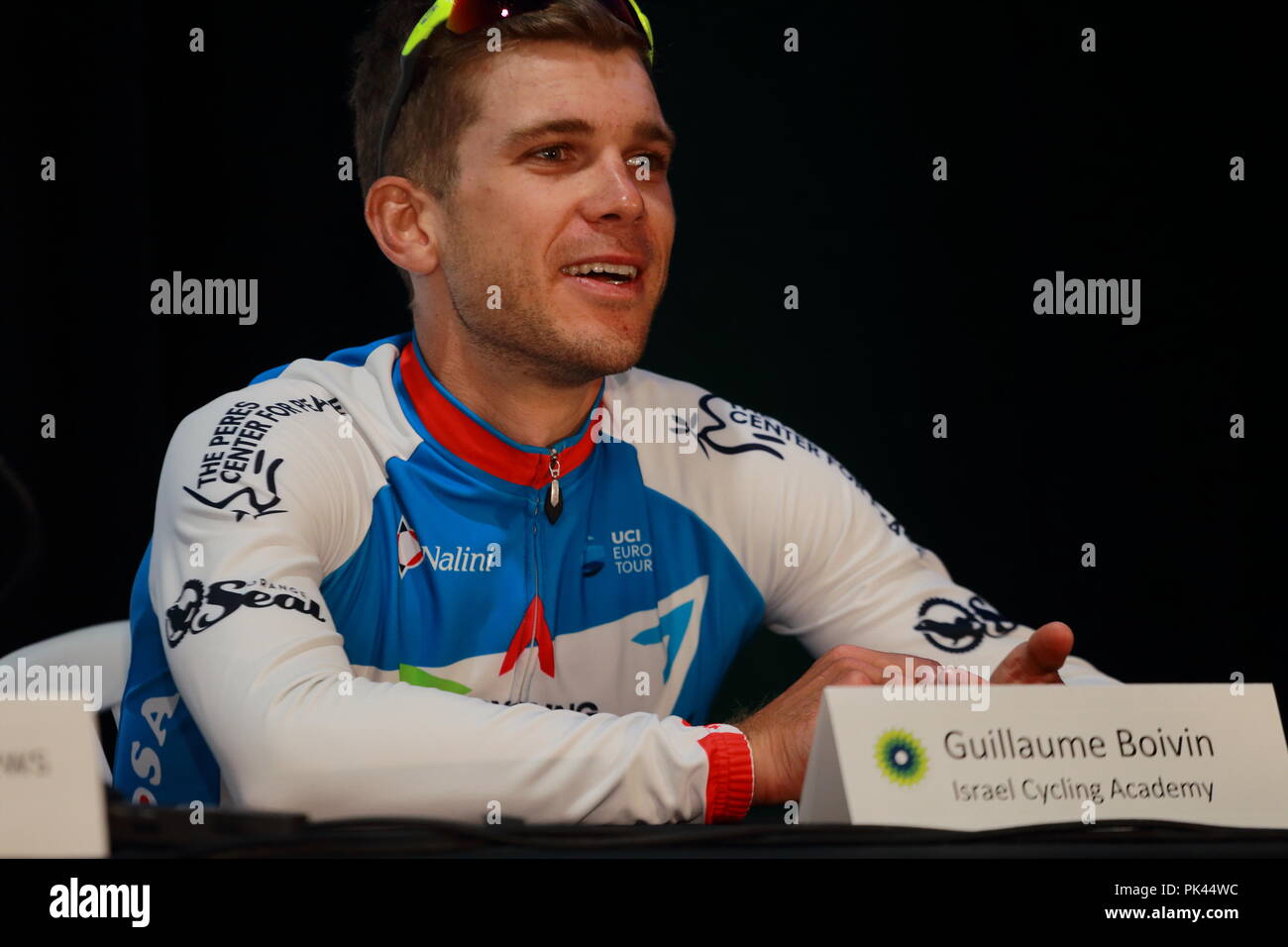 Montreal, Canada, 9/9/2018. Guillaume Boivin del Canada per Israele il ciclismo Academy presso il post gara news conferenza per il Grand Prix Cycliste in gara Foto Stock