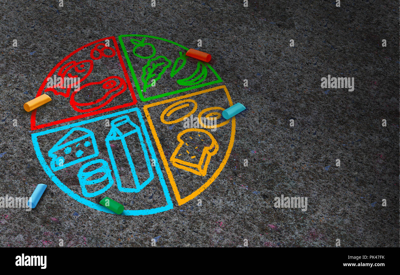 Equilibrio alimentare idea di nutrizione e alimentazione sana mangiare da quattro gruppi includendo proteina da latte di verdure e grano in un 3D illustrazione dello stile. Foto Stock