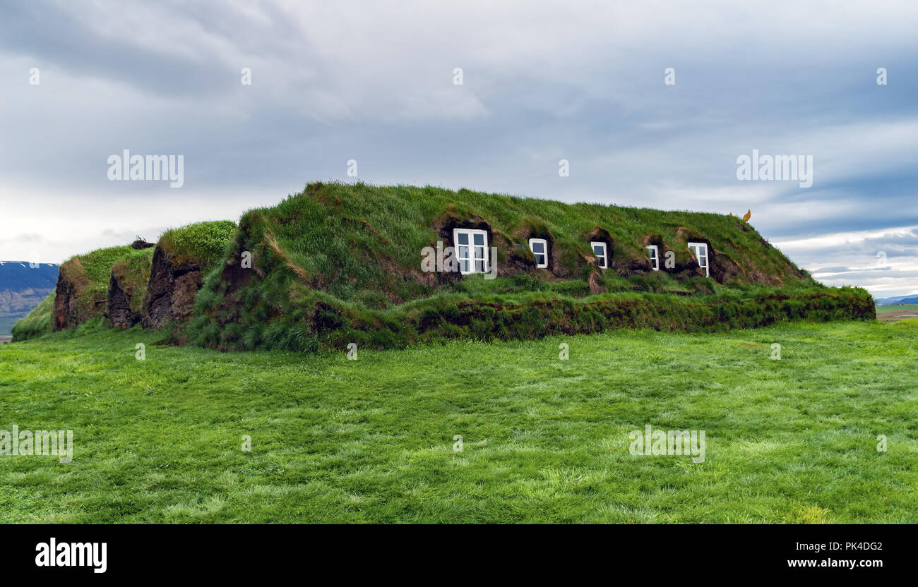 Tappeto erboso tradizionali case in Glaumbaer - Islanda Foto Stock