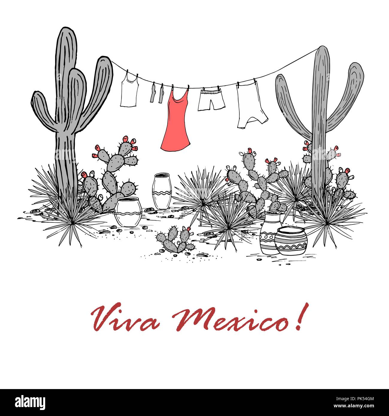 Funny disegnati a mano illustraytion con vasi, saguaro, agave blu, fichidindia e servizio lavanderia appeso su uno stendibiancheria. Latin American background. Mexican Illustrazione Vettoriale