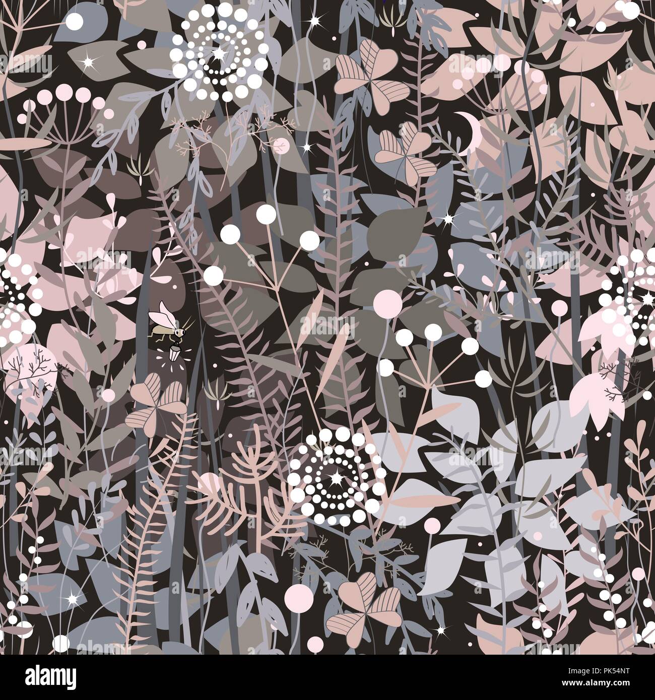 Forest Fairy sfondo. Floral seamless pattern con doodle piante, fiori, arbusti ed erba. Piacevole tavolozza di colori pastello. Illustrazione Vettoriale. Illustrazione Vettoriale