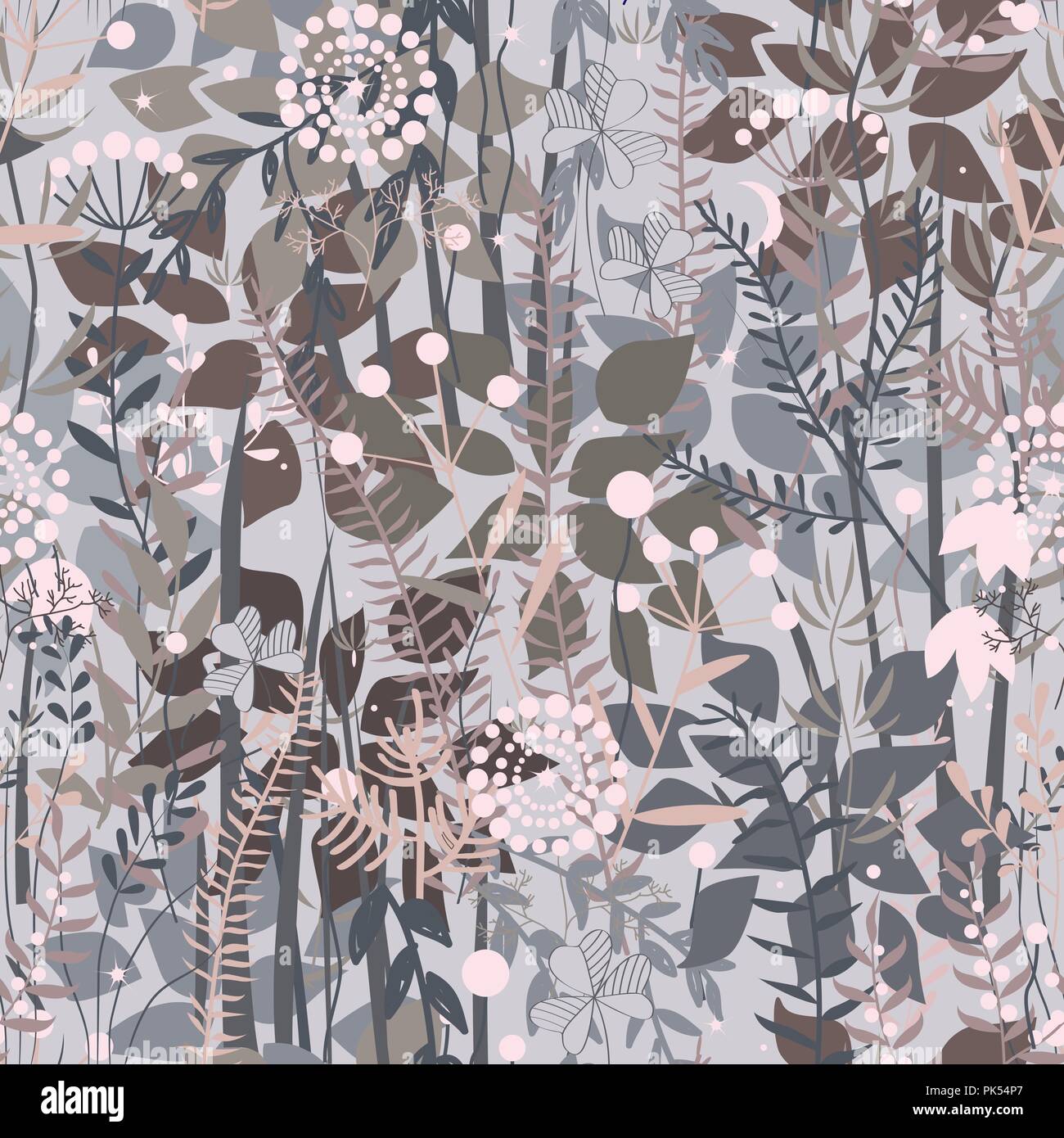Forest Fairy sfondo. Floral seamless pattern con doodle piante, fiori, arbusti ed erba. Piacevole tavolozza di colori pastello, grigio, rosa e marrone. Vecto Illustrazione Vettoriale