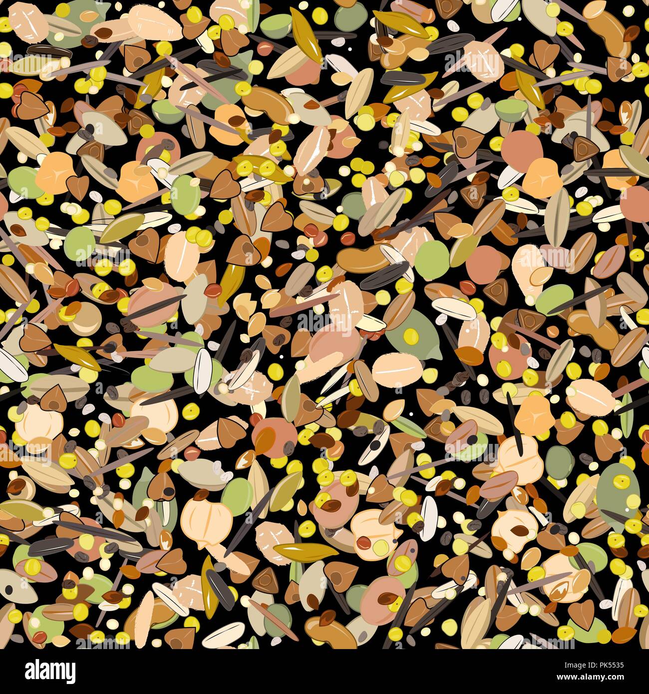 Modello senza cuciture con cereali e cereali. Frumento, orzo, avena, segale, grano saraceno, amaranto, riso, sorgo miglio quinoa chia semi di leguminose da fiocchi d'avena. Vecto Illustrazione Vettoriale