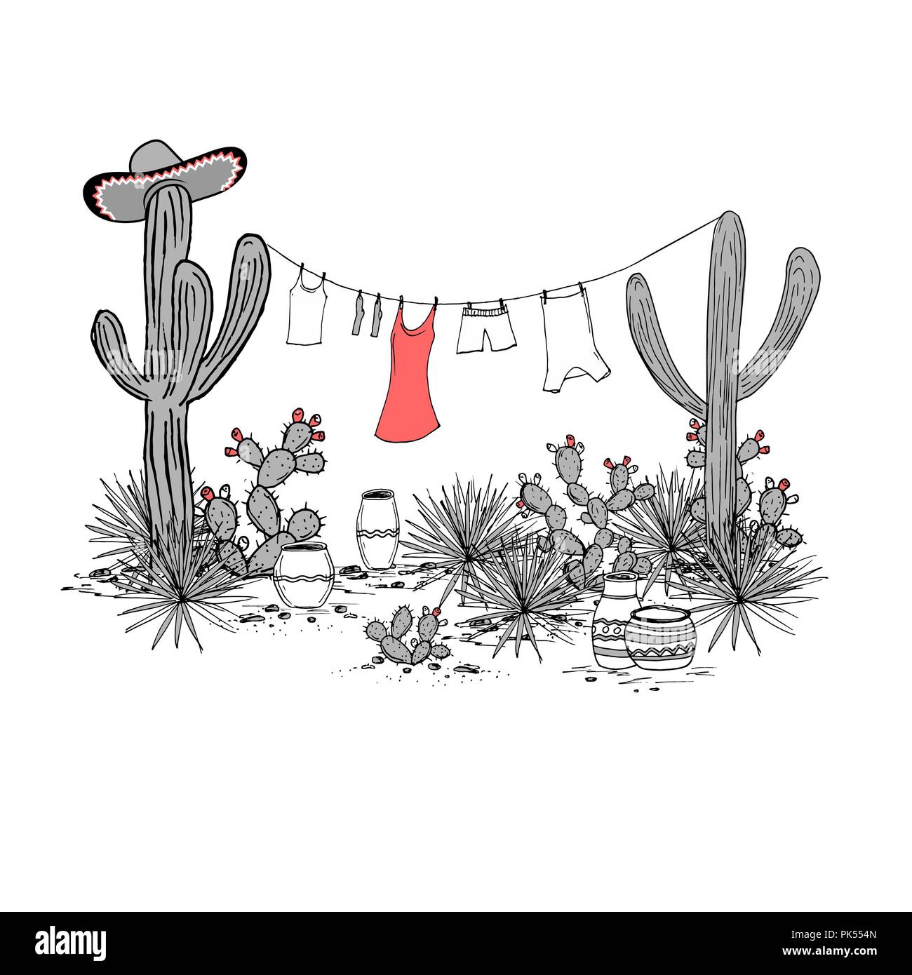 Funny disegnati a mano illustraytion con vasi, saguaro, agave blu, fichidindia sombrero, e servizio lavanderia appeso su uno stendibiancheria. Latin American background. Paesaggio messicano. Illustrazione Vettoriale