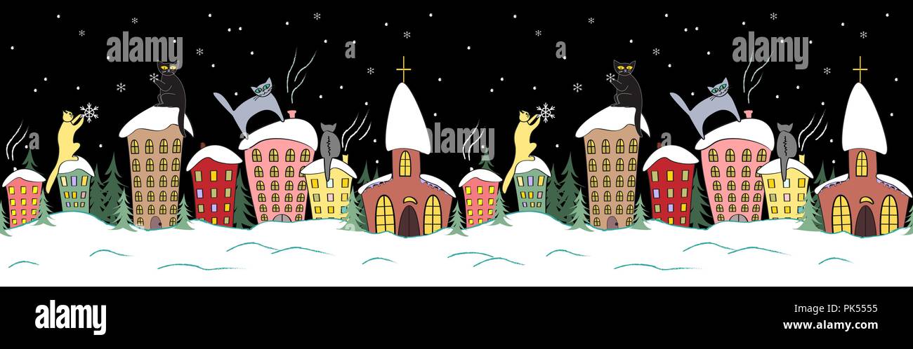 Cartoon di Natale design senza soluzione di continuità con i gatti in sagome seduto sulla cima del tetto a guardare i fiocchi di neve Illustrazione Vettoriale