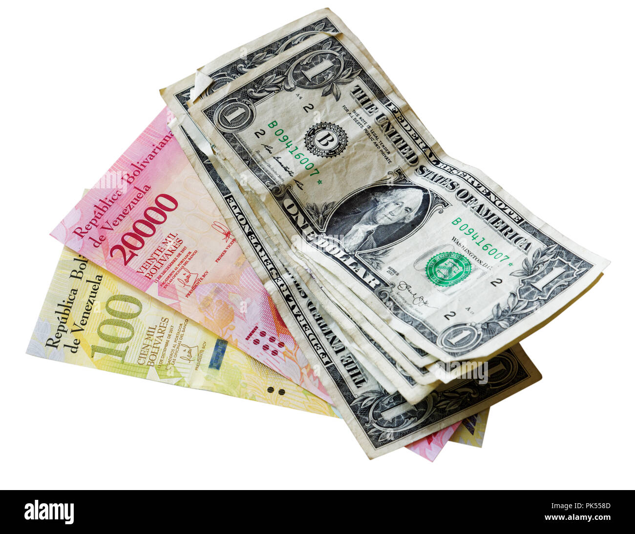 Venezuela iperinflazione Bolivar banconote con noi le fatture del dollaro Foto Stock