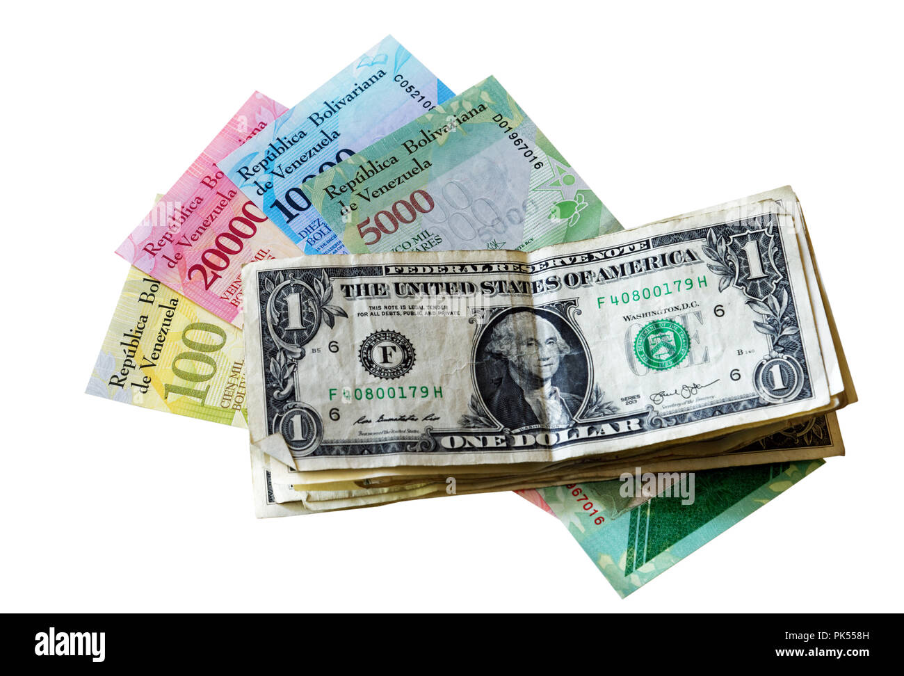 Venezuela iperinflazione Bolivar banconote con noi le fatture del dollaro Foto Stock