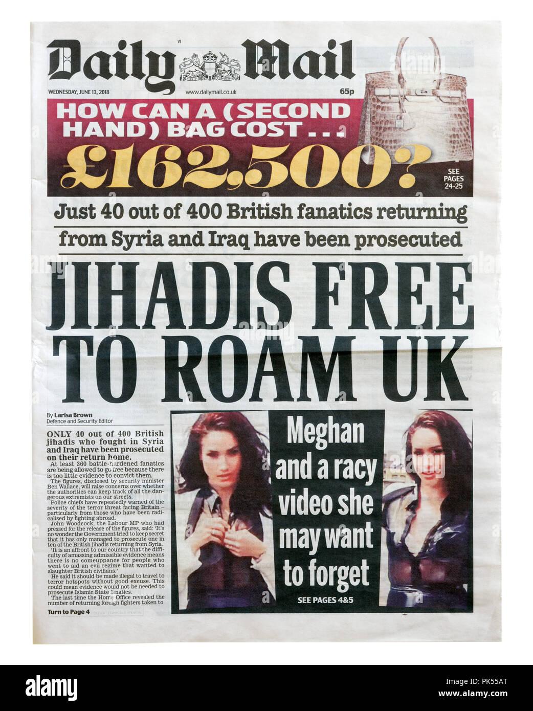 Pagina anteriore del Daily Mail con la headline jihadisti libero di vagare NEL REGNO UNITO, circa il popolo britannico di ritorno dal Medio Oriente senza perseguite Foto Stock
